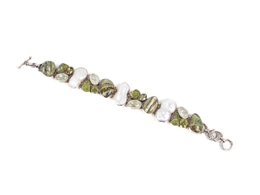 Bratara din Argint 925 - cu Serafinit, Peridot - Reglabila - 210mm x 20mm - Alb