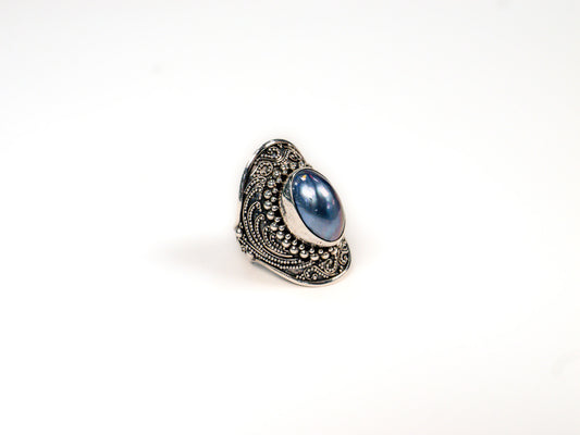 Inel din Argint 925 cu Perla Albastra Albastru - Marime 8.5 Reglabil
