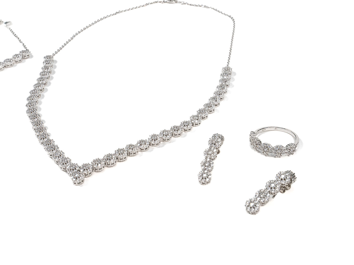 Set Bijuterii din Argint 925 - Cercei, Lant, Inel, Bratara - Zirconia - Marime 8 - Argintiu