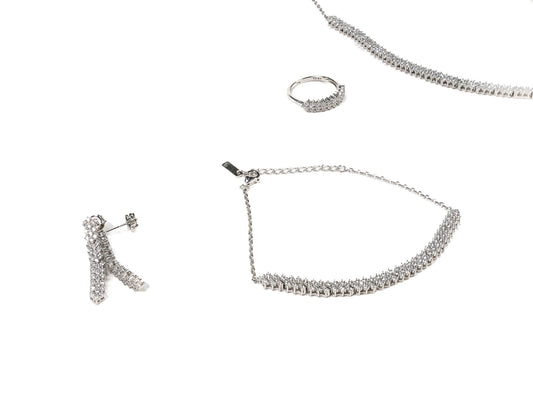 Set Bijuterii din Argint 925 - Cercei, Inel, Lant, Bratara - Zirconia - Marime 6.5 - Argintiu