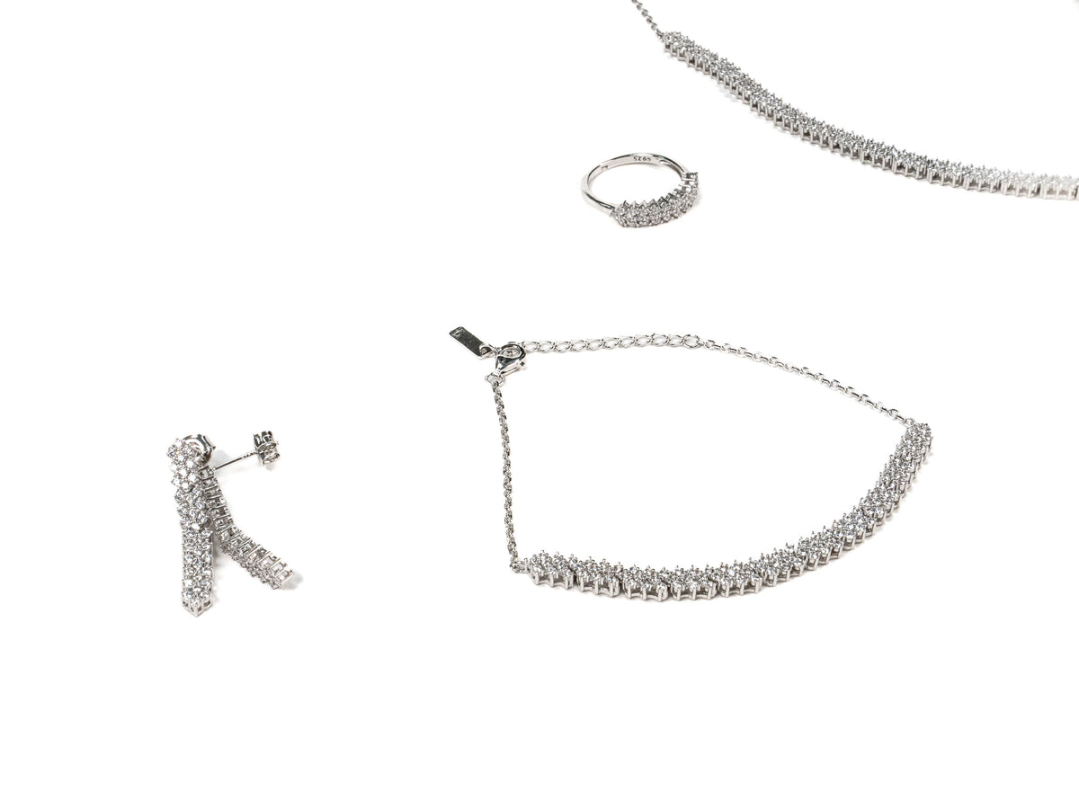 Set Bijuterii din Argint 925 - Cercei, Inel, Lant, Bratara - Zirconia - Marime 6.5 - Argintiu