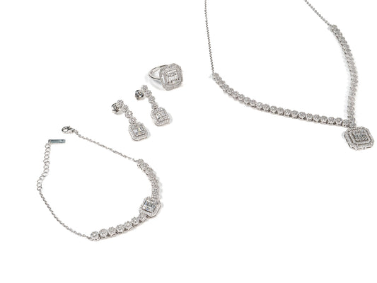 Set Bijuterii din Argint 925 - Cercei, Inel, Bratara, Lant - Zirconia - Marime 7 - Argintiu