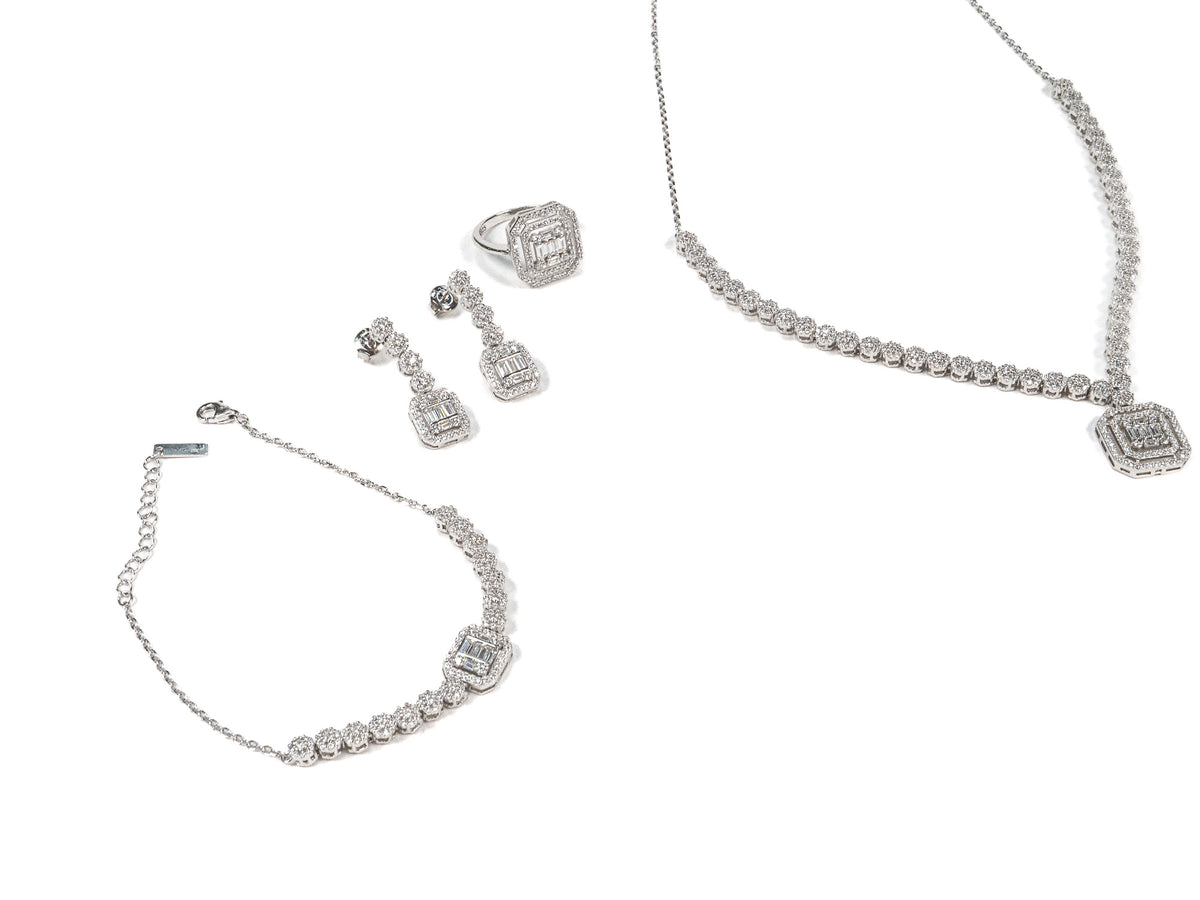 Set Bijuterii din Argint 925 - Cercei, Inel, Bratara, Lant - Zirconia - Marime 7 - Argintiu