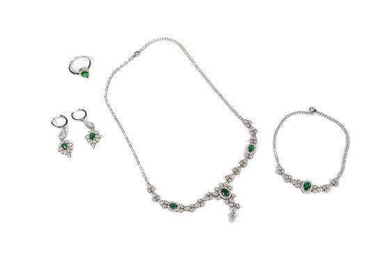 Set Bijuterii din Argint 925 - Cercei, Inel, Lant, Bratara - Zirconia - Marime 7 - Verde
