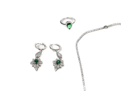 Set Bijuterii din Argint 925 - Cercei, Inel, Lant, Bratara - Zirconia - Marime 7 - Verde