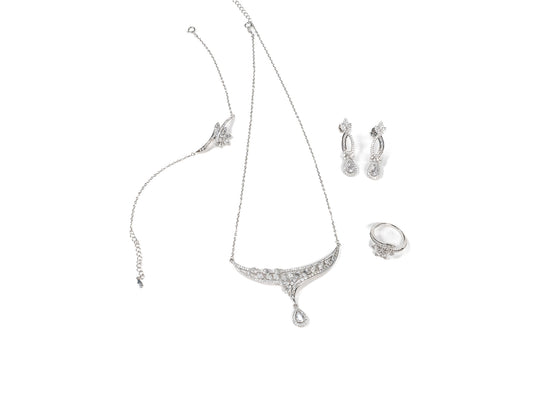 Set Bijuterii din Argint 925 - Cercei, Inel, Lant, Bratara - Zirconia - Marime 8 / Reglabil - Argintiu #1