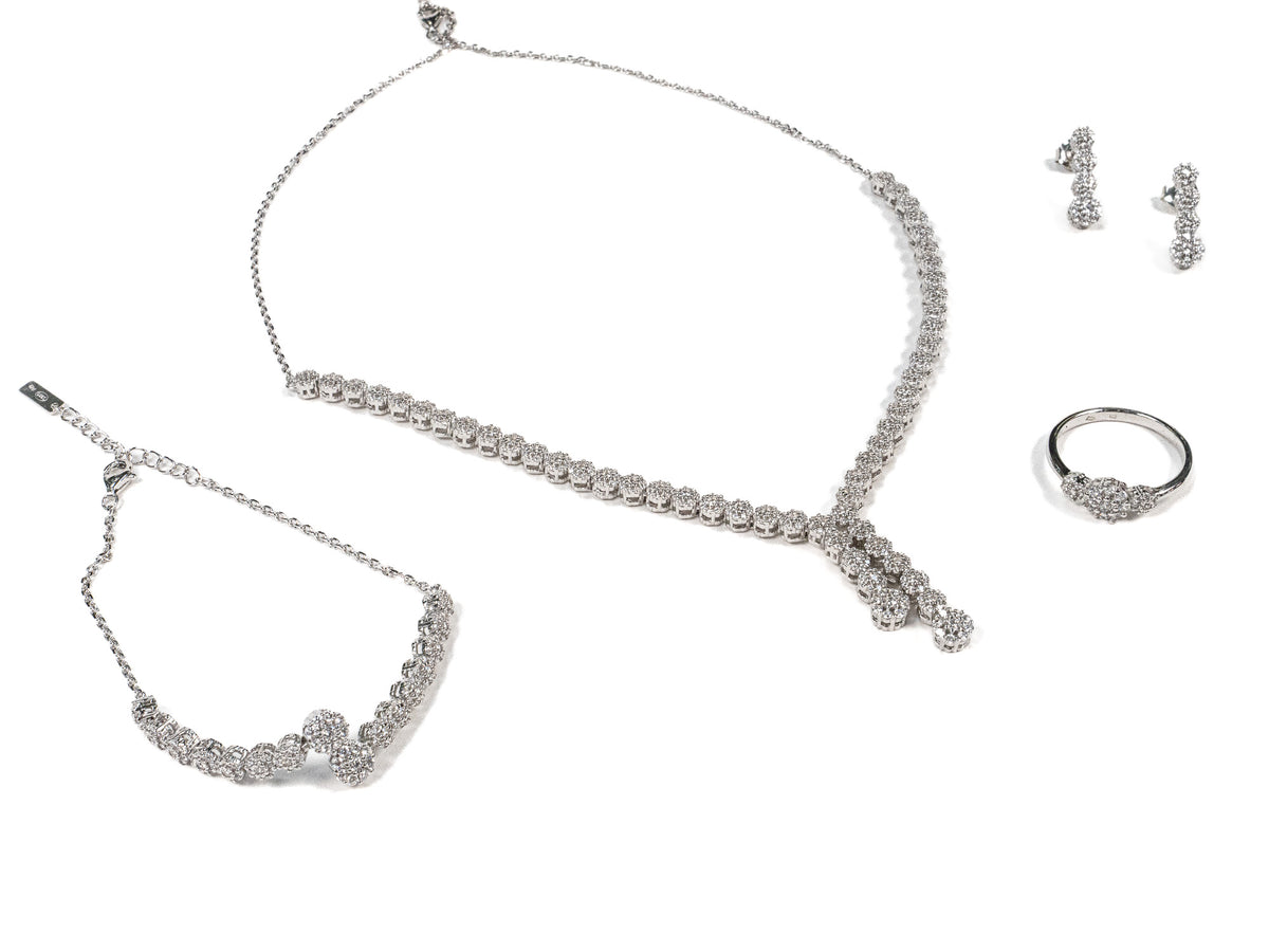 Set Bijuterii din Argint 925 - Cercei, Inel, Lant, Bratara - Zirconia - Marime 9 - Argintiu