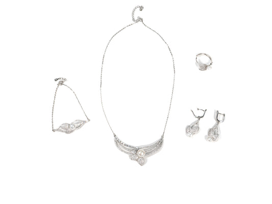 Set Bijuterii din Argint 925 - Cercei, Lant, Bratara, Inel - Zirconia - Marime 7 / Reglabil - Argintiu