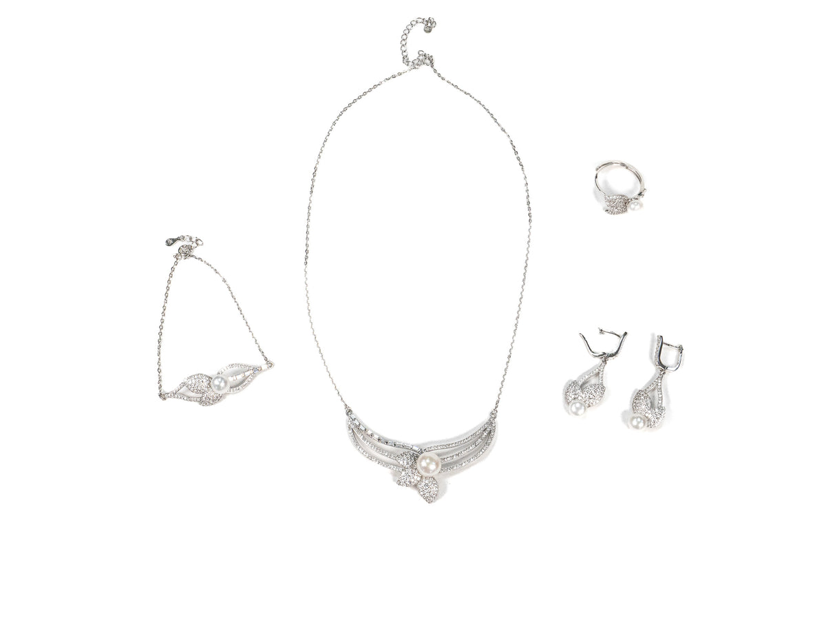 Set Bijuterii din Argint 925 - Cercei, Lant, Bratara, Inel - Zirconia - Marime 7 / Reglabil - Argintiu
