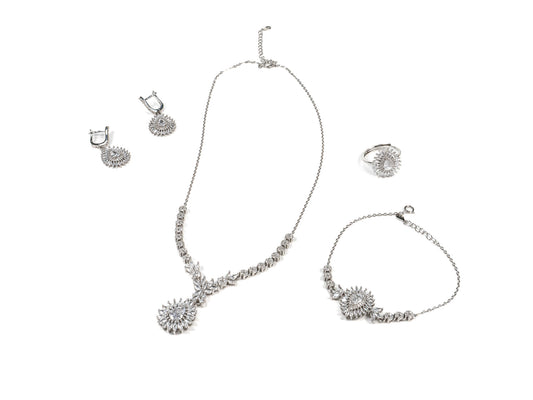 Set Bijuterii din Argint 925 - Cercei, Inel, Lant, Bratara - Zirconia - Marime 8 / Reglabil - Argintiu #2