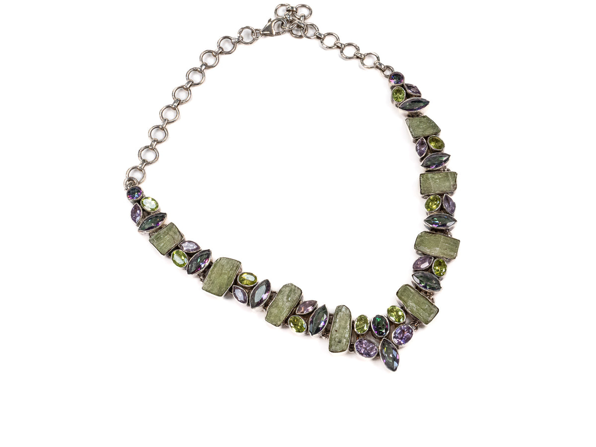 Lantisor din Argint 925 - cu Moldavit, Topaz Mistic, Peridot - Fixa - 350mm x 20mm - Verde