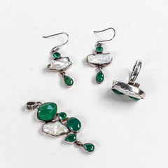 Set Bijuterii STILL Argint 925 - Pandantiv,  Inel,  Cercei, Onix Verde si Perla Baroc, Inel Reglabil, Verde