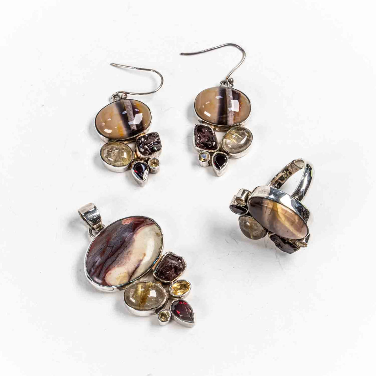 Set Bijuterii STILL Argint 925 - Pandantiv,  Inel,  Cercei, Mookait si Pietre Semipretioase, Inel Reglabil, Multicolor