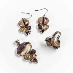 Set Bijuterii STILL Argint 925 - Pandantiv,  Inel,  Cercei, Mookait si Pietre Semipretioase, Inel Reglabil, Multicolor