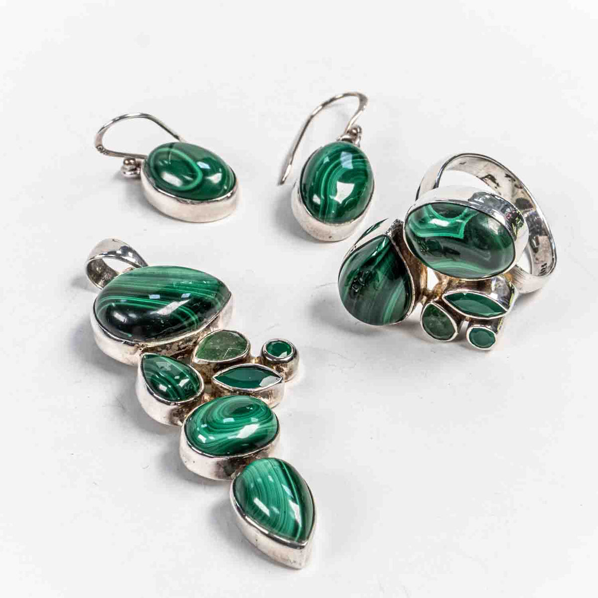 Set Bijuterii STILL Argint 925 - Pandantiv,  Inel,  Cercei, Malachit, Inel Reglabil, Verde
