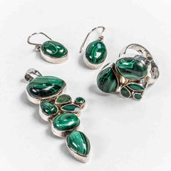 Set Bijuterii STILL Argint 925 - Pandantiv,  Inel,  Cercei, Malachit, Inel Reglabil, Verde