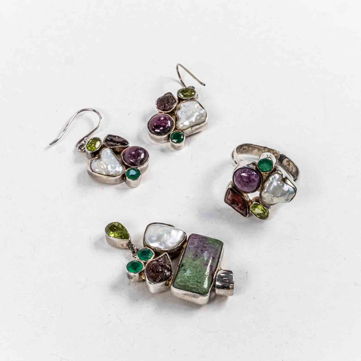 Set Bijuterii STILL Argint 925 - Pandantiv,  Inel,  Cercei, Perla Baroc si Pietre Semipretioase, Inel Reglabil, Multicolor