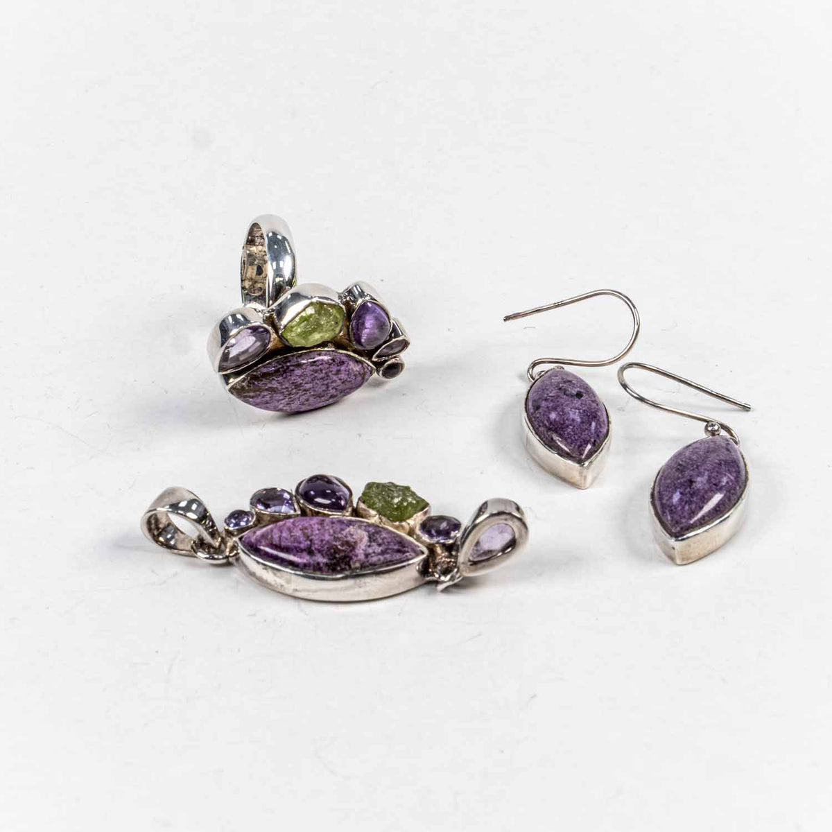 Set Bijuterii STILL Argint 925 - Pandantiv,  Inel,  Cercei, Purpurit si Pietre Semipretioase, Inel Reglabil, Multicolor