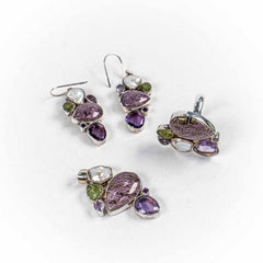 Set Bijuterii STILL Argint 925 - Pandantiv,  Inel,  Cercei, Purpurit si Pietre Semipretioase, Inel Reglabil, Multicolor