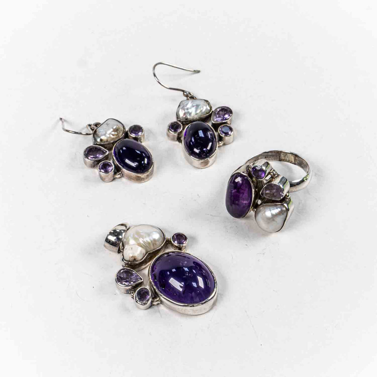 Set Bijuterii STILL Argint 925 - Pandantiv,  Inel,  Cercei, Ametist si Perla Baroc, Inel Reglabil, Violet