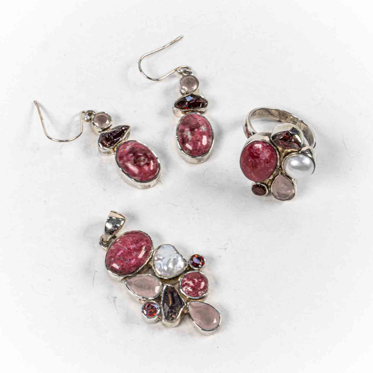 Set Bijuterii STILL Argint 925 - Pandantiv,  Inel,  Cercei, Rodonit si Pietre Semipretioase, Inel Reglabil, Multicolor