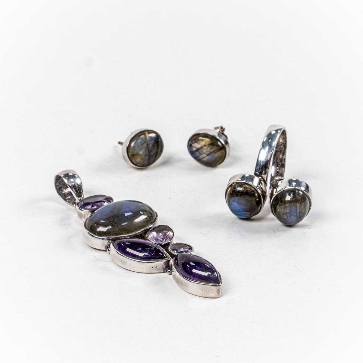 Set Bijuterii STILL Argint 925 - Pandantiv,  Inel,  Cercei, Labradorit si Ametist, Inel Reglabil, Multicolor