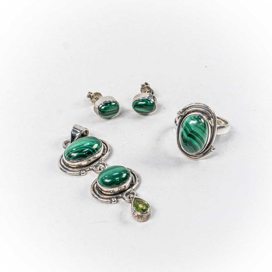 Set Bijuterii STILL Argint 925 - Pandantiv,  Inel,  Cercei, Malachit, Inel Reglabil, Verde