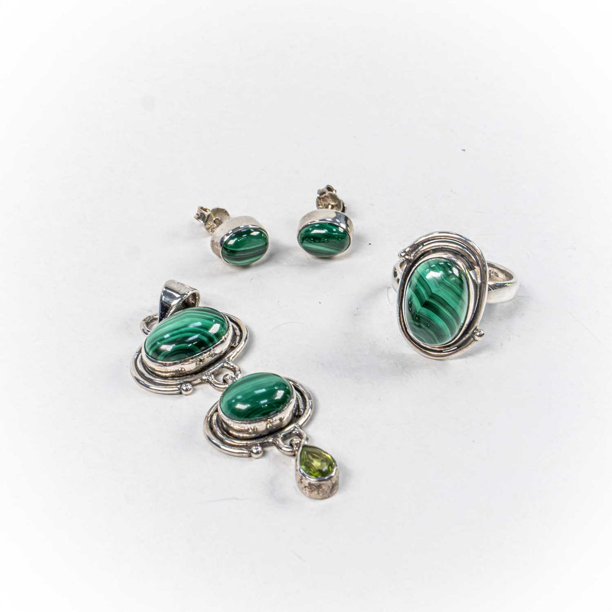 Set Bijuterii STILL Argint 925 - Pandantiv,  Inel,  Cercei, Malachit, Inel Reglabil, Verde