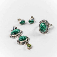 Set Bijuterii STILL Argint 925 - Pandantiv,  Inel,  Cercei, Malachit, Inel Reglabil, Verde