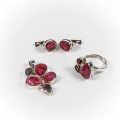 Set Bijuterii STILL Argint 925 - Pandantiv,  Inel,  Cercei, Radacina de Rubin, Inel Reglabil, Rosu