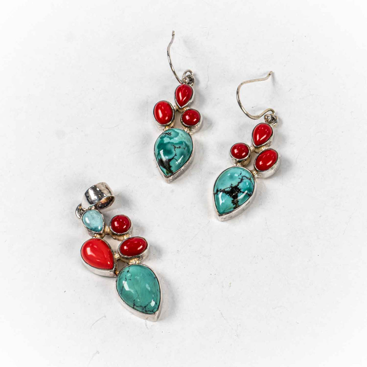 Set Bijuterii STILL Argint 925 - Pandantiv, Cercei, Coral si Turcoaz, Multicolor