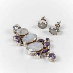 Set Bijuterii STILL Argint 925 - Pandantiv, Cercei, Piatra Lunii si Ametist, Multicolor