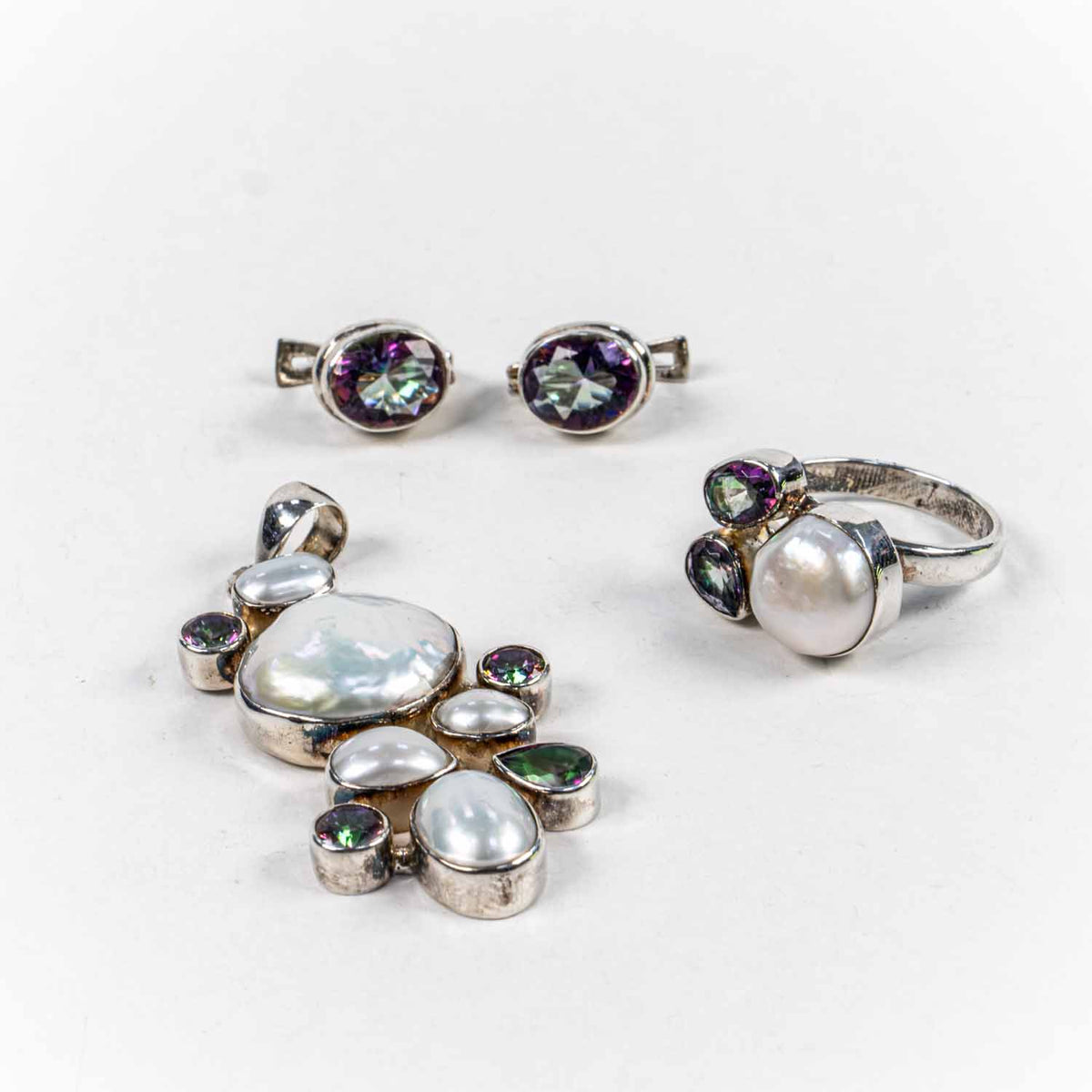Set Bijuterii STILL Argint 925 - Pandantiv,  Inel,  Cercei, Perla Baroc si Topaz Mistic, Inel Reglabil, Multicolor