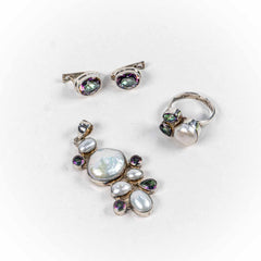 Set Bijuterii STILL Argint 925 - Pandantiv,  Inel,  Cercei, Perla Baroc si Topaz Mistic, Inel Reglabil, Multicolor