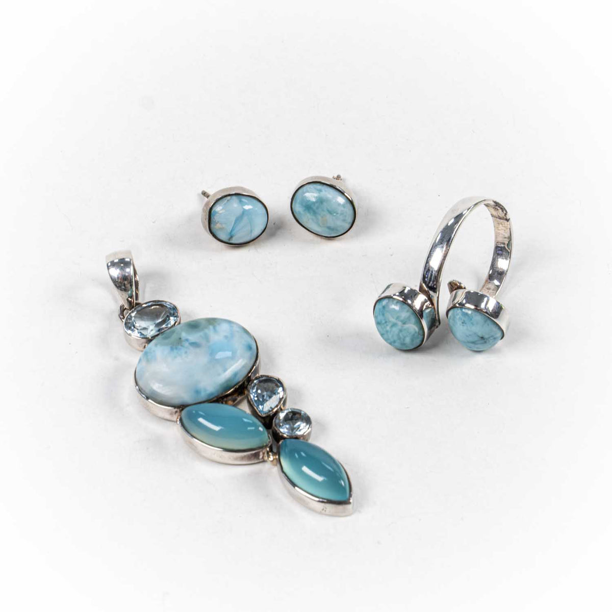 Set Bijuterii STILL Argint 925 - Pandantiv,  Inel,  Cercei, Larimar si Aquamarin, Inel Reglabil, Albastru