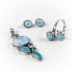 Set Bijuterii STILL Argint 925 - Pandantiv,  Inel,  Cercei, Larimar si Aquamarin, Inel Reglabil, Albastru