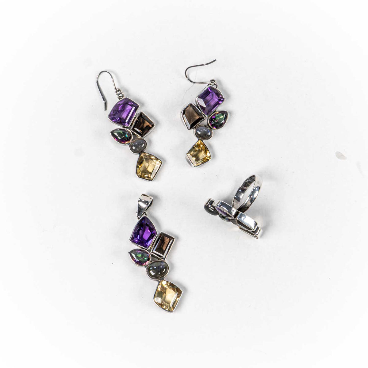 Set Bijuterii STILL Argint 925 - Pandantiv,  Inel,  Cercei, Cuart Fumuriu si Pietre Semipretioase, Marime Inel 7,5, Multicolor