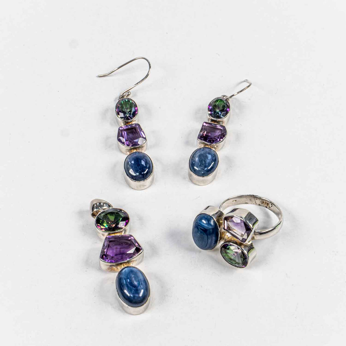 Set Bijuterii STILL Argint 925 - Pandantiv,  Inel,  Cercei, Cianit, Ametist si Topaz Mistic, Inel Reglabil, Multicolor