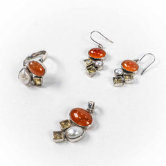 Set Bijuterii STILL Argint 925 - Pandantiv,  Inel,  Cercei, Carneol si Perle Baroc, Inel Reglabil, Multicolor