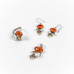 Set Bijuterii STILL Argint 925 - Pandantiv,  Inel,  Cercei, Carneol si Perle Baroc, Inel Reglabil, Multicolor