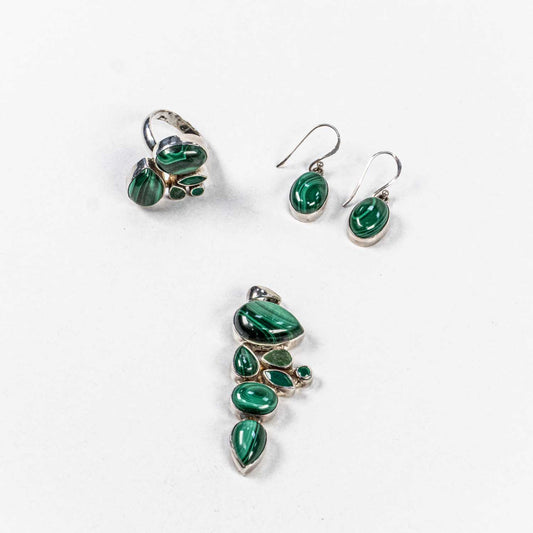 Set Bijuterii STILL Argint 925 - Pandantiv,  Inel,  Cercei, Malachit, Inel Reglabil, Verde