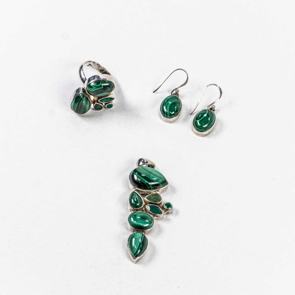 Set Bijuterii STILL Argint 925 - Pandantiv,  Inel,  Cercei, Malachit, Inel Reglabil, Verde