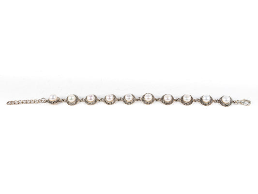 Bratara STILL, Argint 925 - Marime 21cm x 11mm, Reglabila, Perle de Cultura si Marcasite, Alb Sidefat