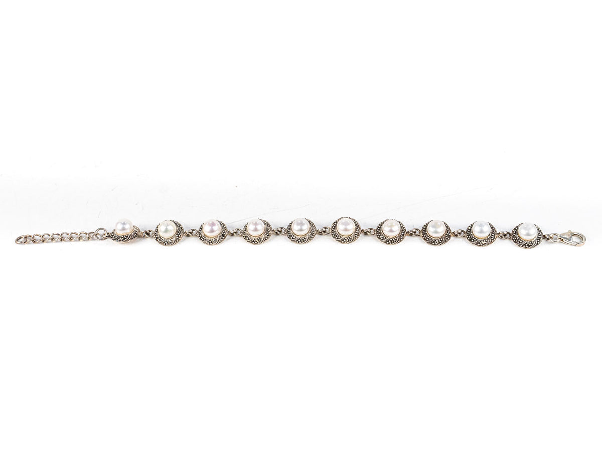 Bratara STILL, Argint 925 - Marime 21cm x 11mm, Reglabila, Perle de Cultura si Marcasite, Alb Sidefat