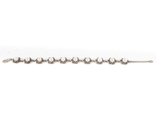 Bratara STILL, Argint 925 - Marime 21cm x 11mm, Reglabila, Perle de Cultura si Marcasite, Alb Sidefat