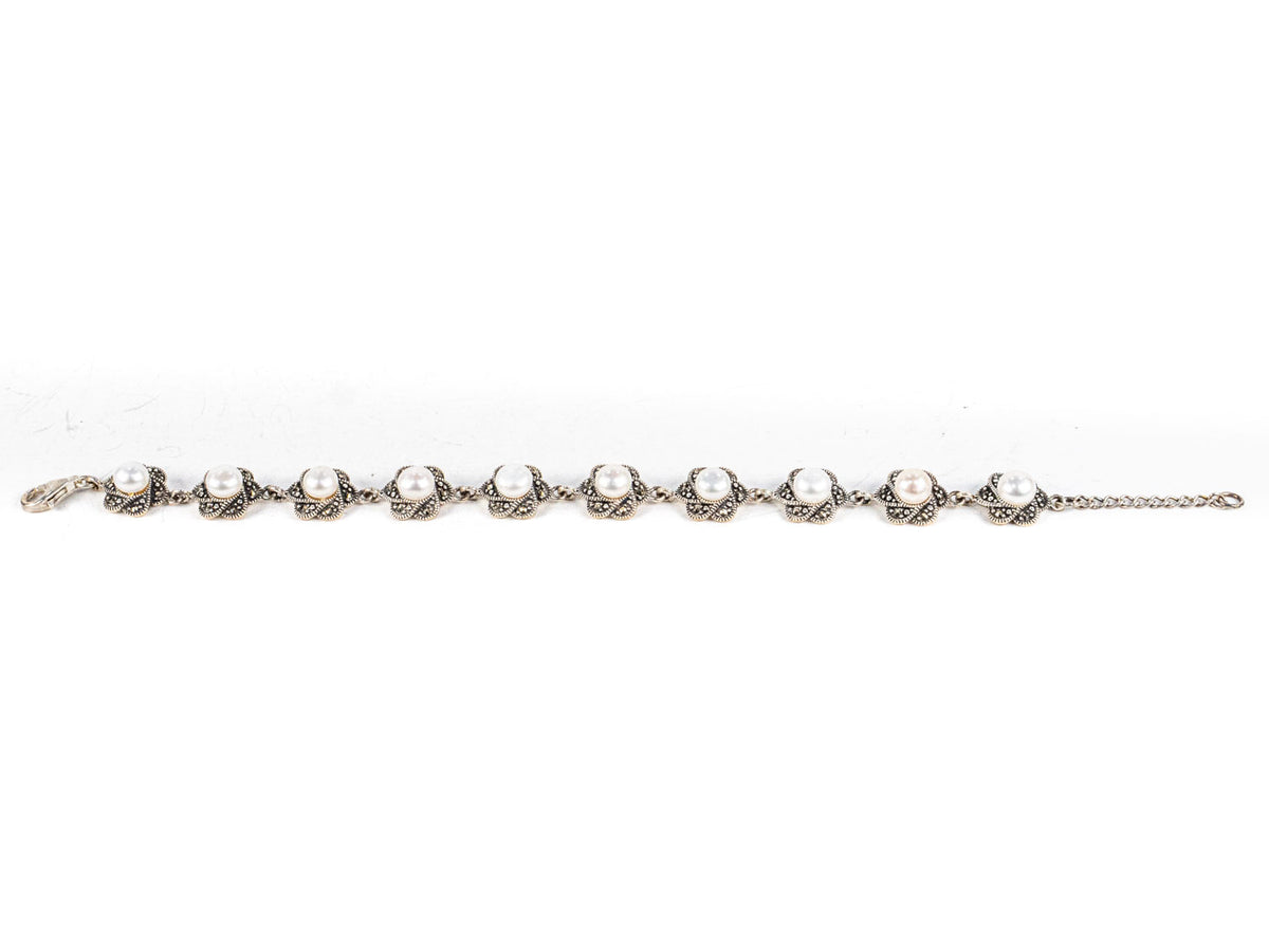 Bratara STILL, Argint 925 - Marime 21cm x 11mm, Reglabila, Perle de Cultura si Marcasite, Alb Sidefat