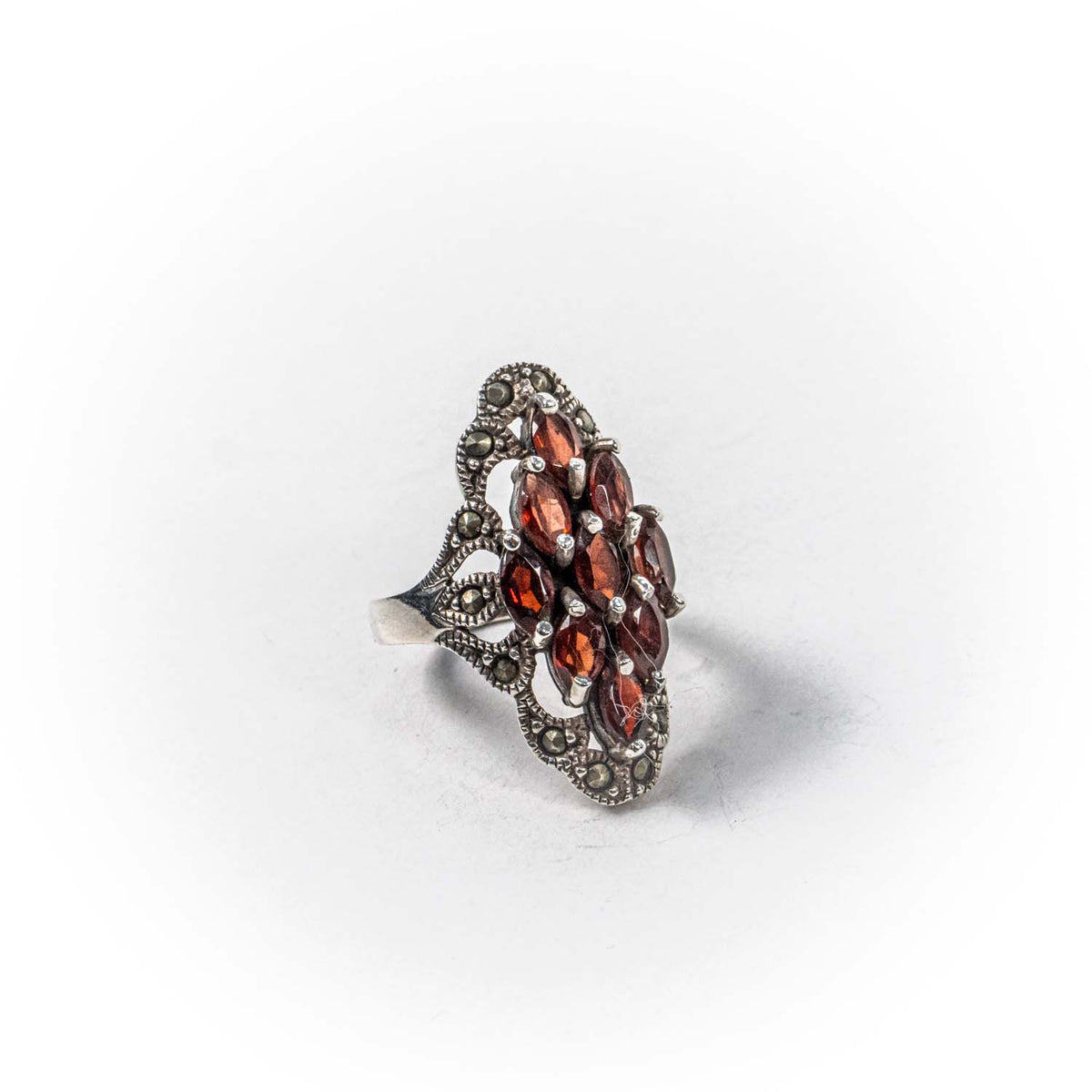 Inel STILL, Argint 925 - Marime 7, Granat si Marcasite, Rosu-Gri Metalic