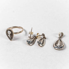 Set Bijuterii STILL Argint 925 - Pandantiv,  Inel,  Cercei, Perle de Cultura si Marcasite, Marime Inel 8, Alb Sidefat