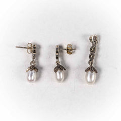 Set Bijuterii STILL Argint 925 - Pandantiv, Cercei, Perle de Cultura si Marcasite, Alb Sidefat