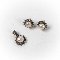 Set Bijuterii STILL Argint 925 - Pandantiv, Cercei, Perle de Cultura si Marcasite, Alb Sidefat